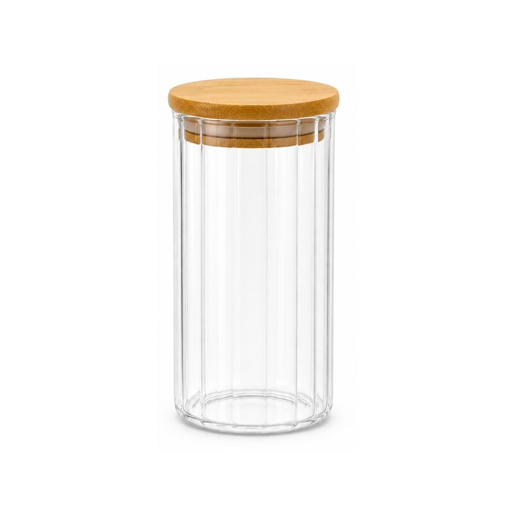 Striped Transparent Glass Jar with Bamboo lid 9 cm x 10 cm