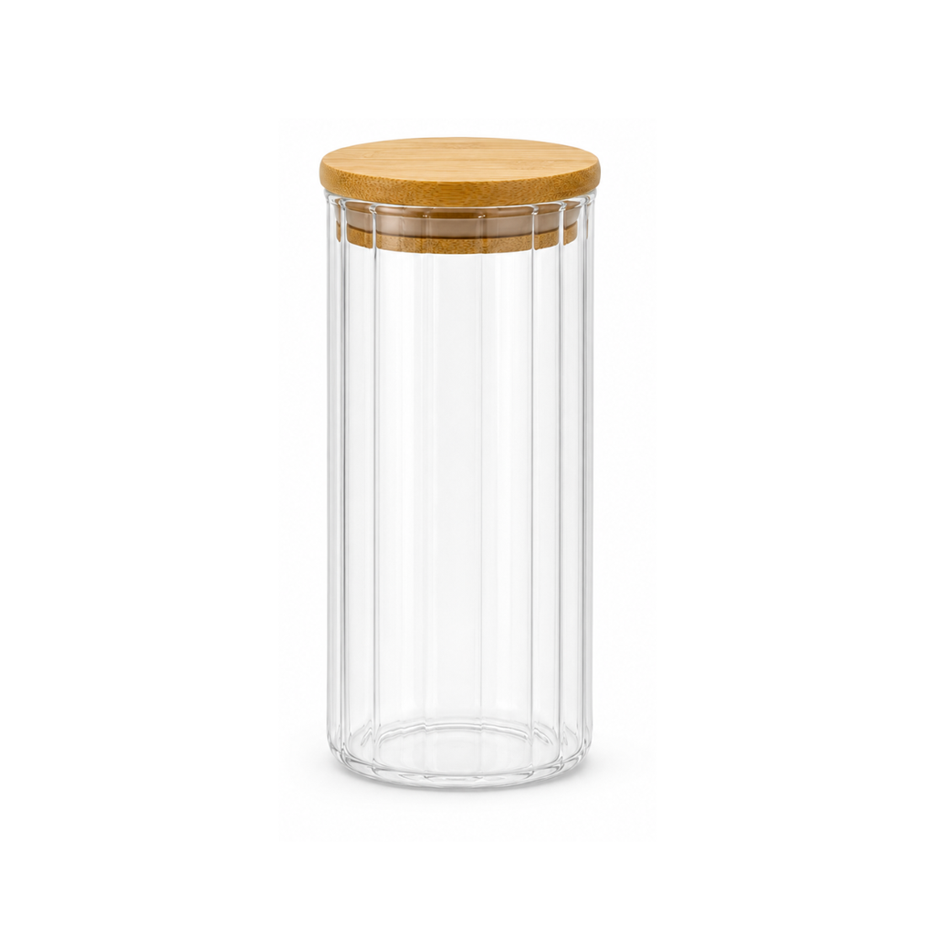 Striped Transparent Glass Jar with Bamboo lid 9 cm x 12 cm