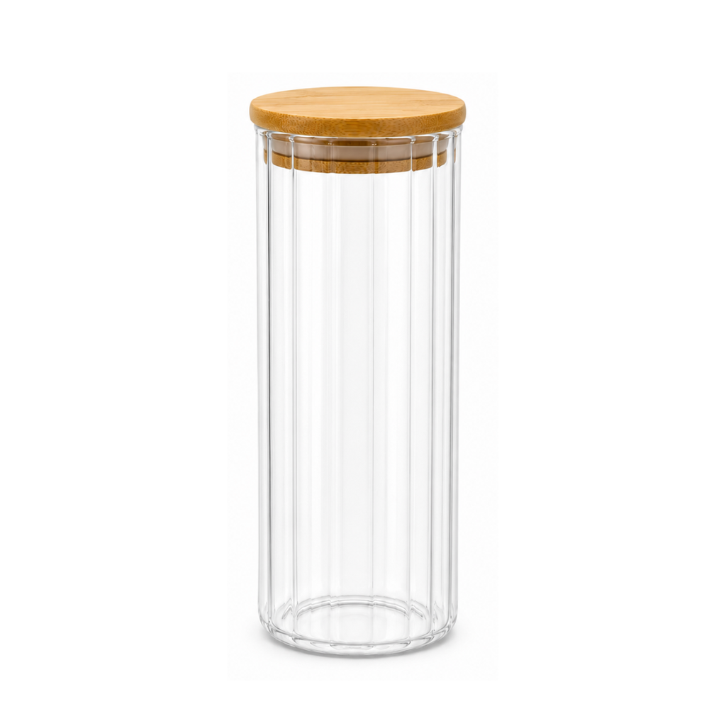 Striped Transparent Glass Jar with Bamboo lid 9 cm x 15 cm