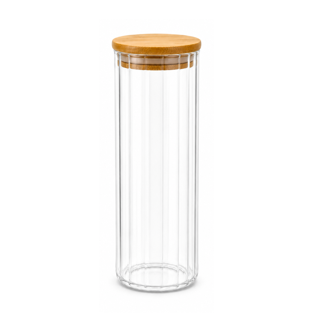 Striped Transparent Glass Jar with Bamboo lid 9 cm x 20 cm