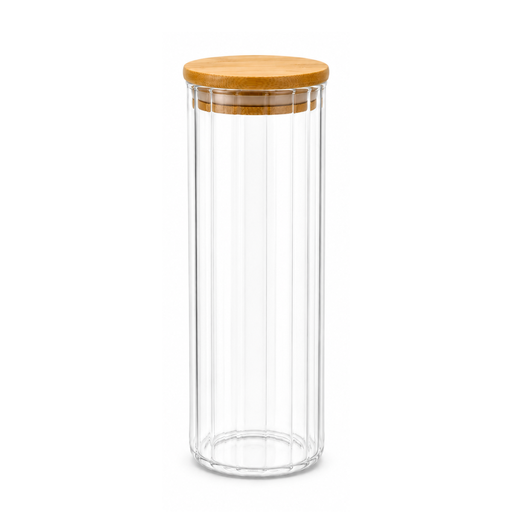 [13-R506] Striped Transparent Glass Jar with Bamboo lid 9 cm x 20 cm