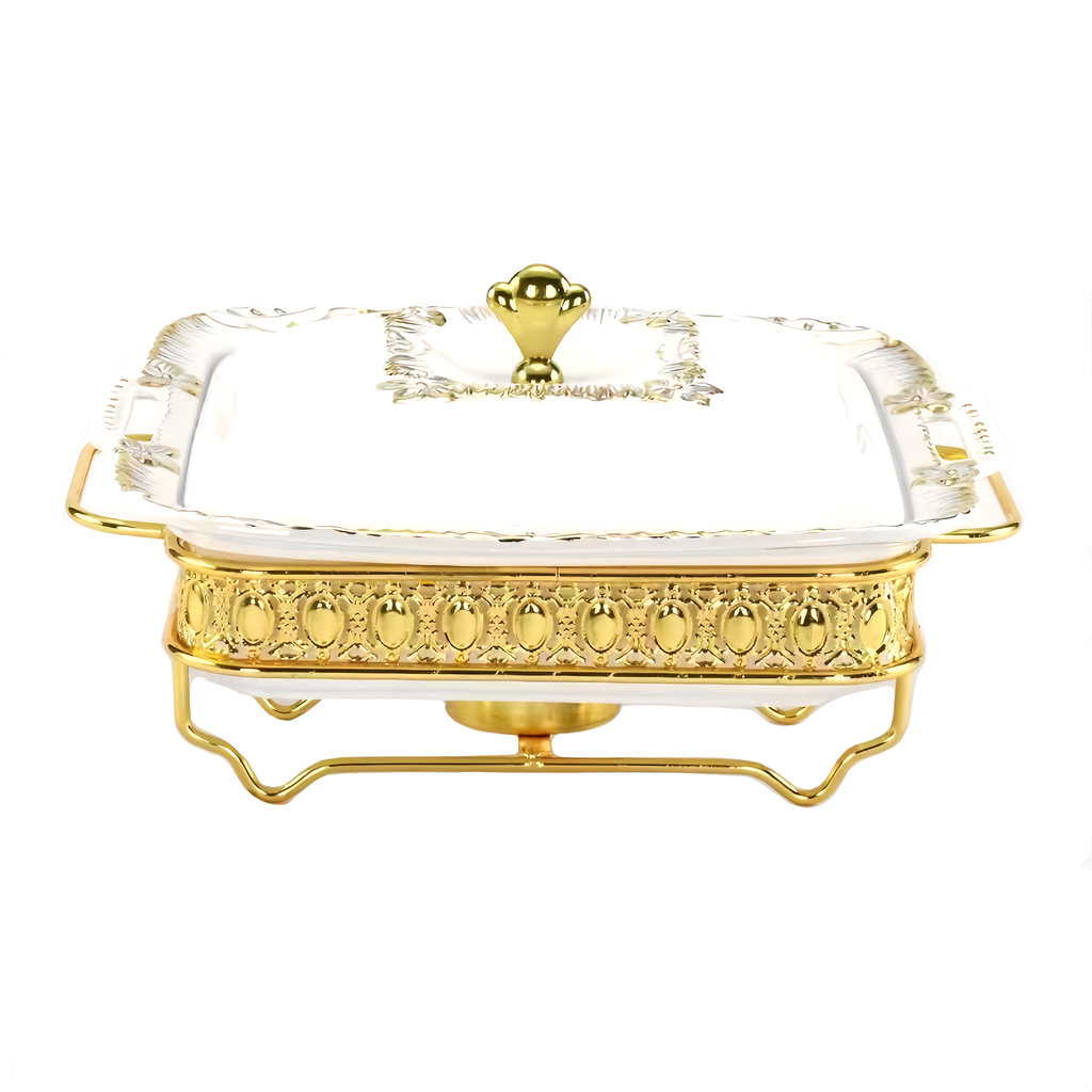1.8L Square Ceramic Food Warmer with Golden SS Stand