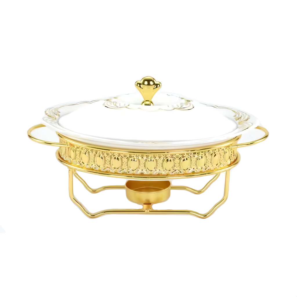 1.5L Oval Ceramic Food Warmer with Golden SS Stand