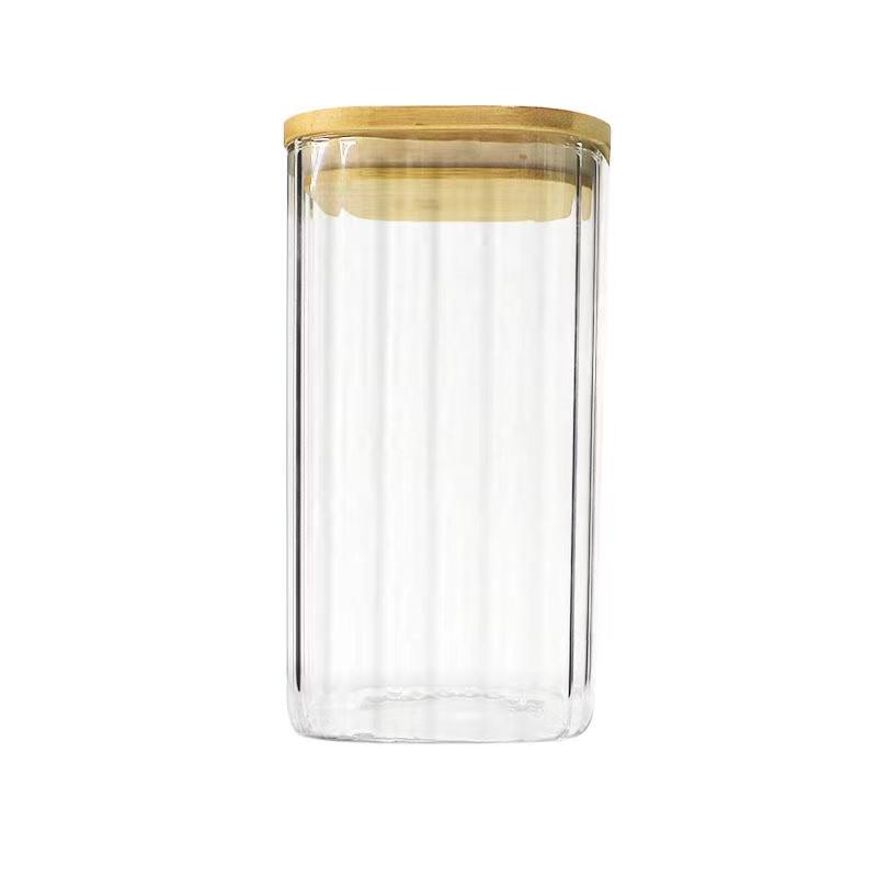 Striped Transparent Glass Jar with Bamboo lid 9 cm x 10 cm