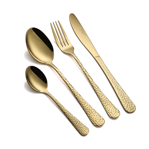[13-1550] Vague Stainless Steel 16 Pieces Cutlery Set - Hammered Golden PVD Finish Design