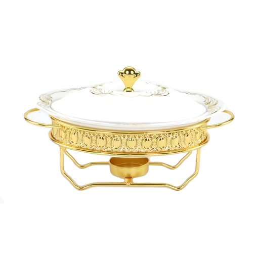 [13-R366] 2L Oval Ceramic Food Warmer with Golden SS Stand