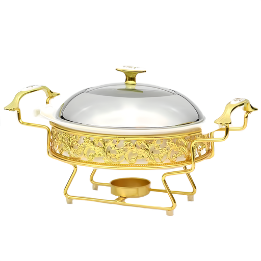 [13-R370] 13" Round Ceramic Food Warmer with Golden SS Stand and Lid