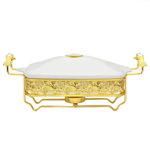 [13-R372] 2.5 L Rectangular Ceramic Food Warmer with SS Golden Stand