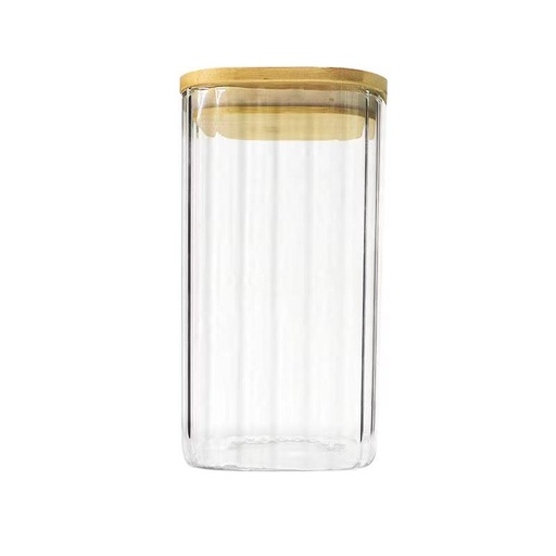 [13-R506] Striped Transparent Glass Jar with Bamboo lid 9 cm x 20 cm